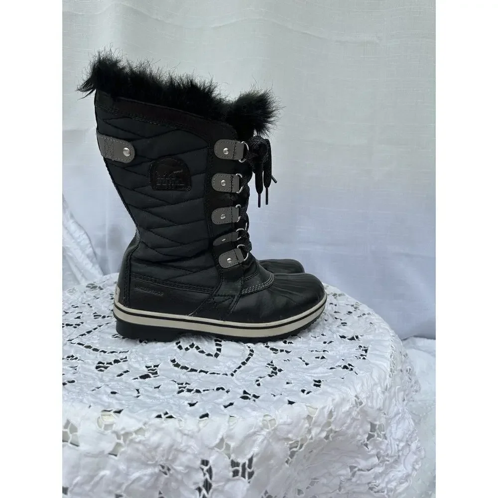 Sorel Tofino II Black Size 5 Waterproof Boots Faux Fur Lace Up Mid Calf